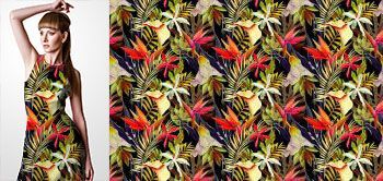 12023 Materiał ze wzorem malowane duże tropikalne kwiaty (strelicja,cantedeskia) i egzotyczne liście